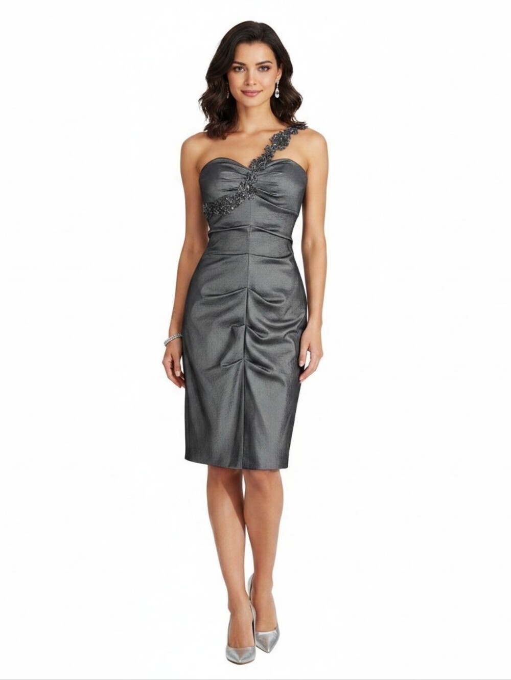 XScape Joanna Chen Gray Taffeta Asymmetric Floral Draped Shoulder